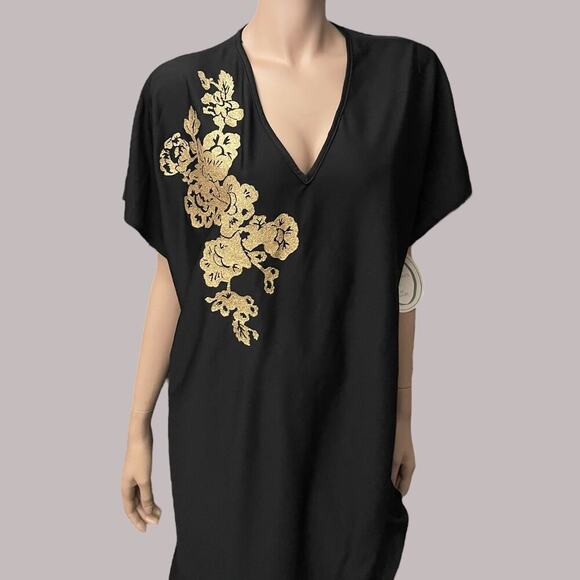 Avon Gold N’ Glamour Black Caftan Dress Private Treasures Glitter Size Med Large - Picture 2 of 6
